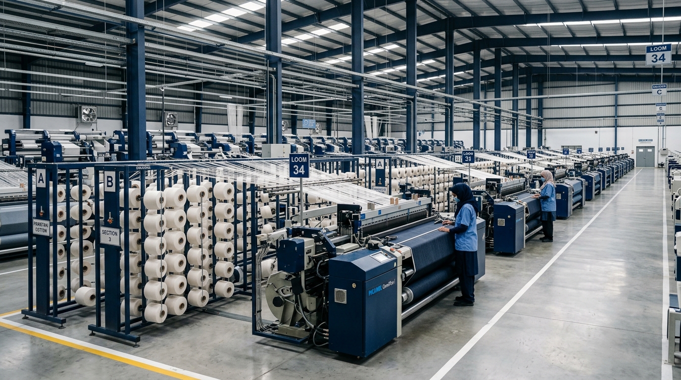 Modern textile manufacturing floor in Pakistan showing weaving looms