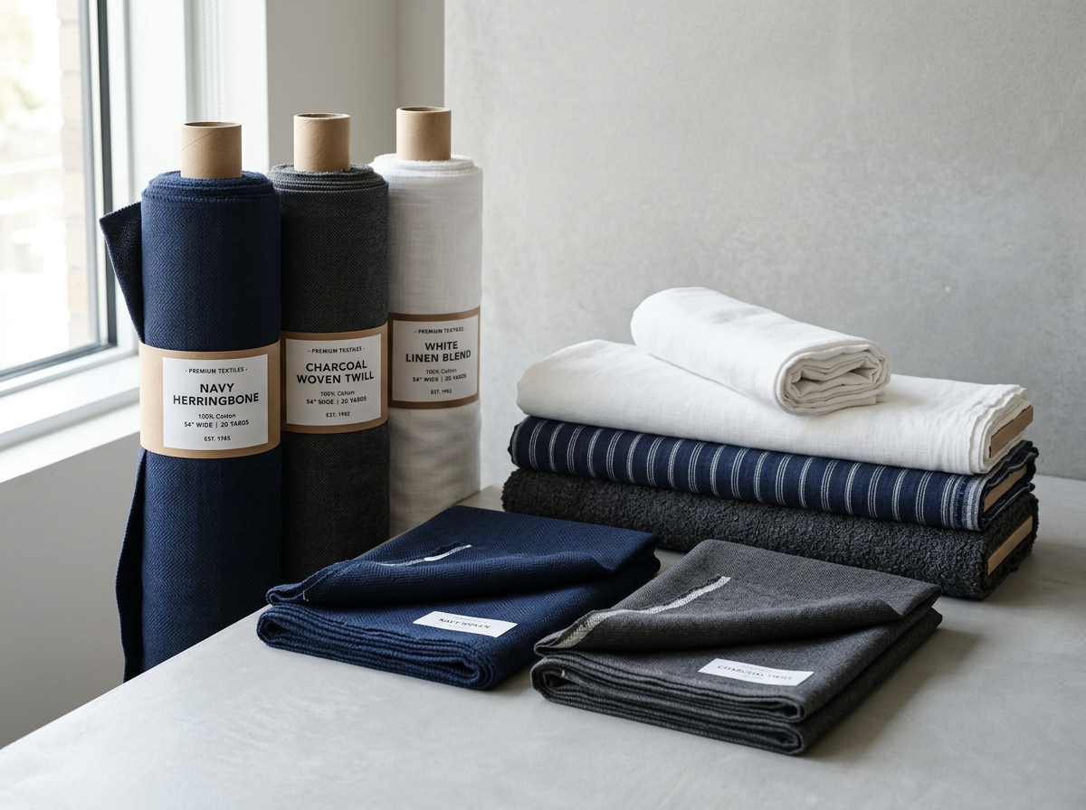 Commercial rolls of navy herringbone and charcoal woven fabrics